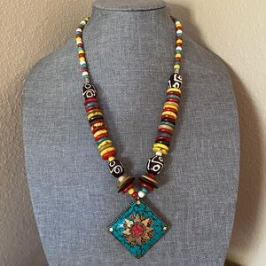 Boho Tibetan Turquoise Mosaic Pendant Necklace w/Colorful Beads: Dzi Style Beads